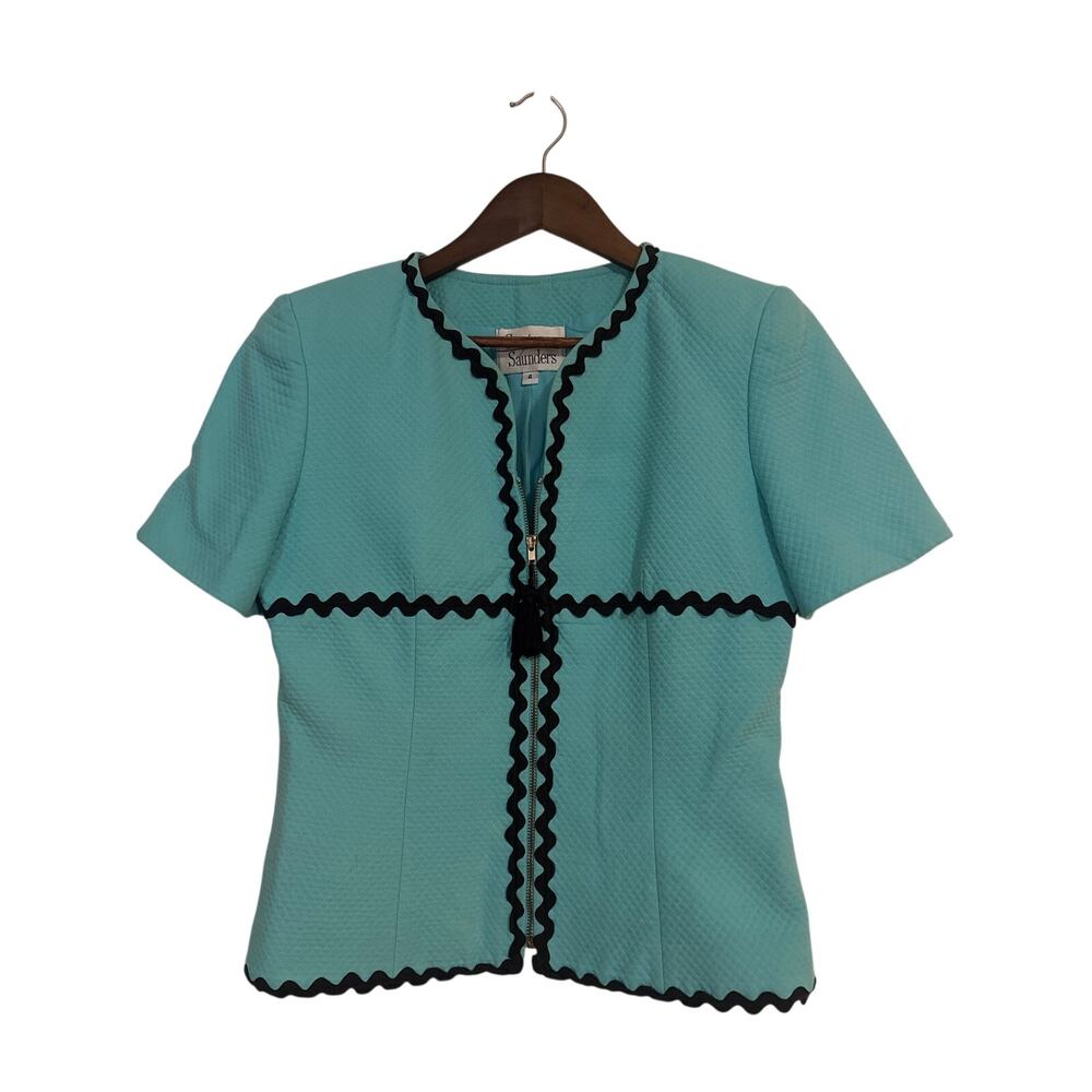 Women's Constance Saunders Teal Zipper Top Size 4 with Black trim